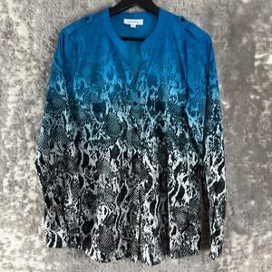 Calvin Klein Size M Snake Print Abstract Casual Button Top Blue Long Sleeve